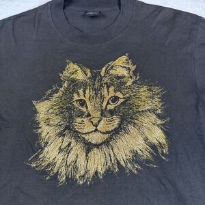 Vintage 1990s Diamond Dust Cat TShirt Gold Glitter Feline Face Design Retro L